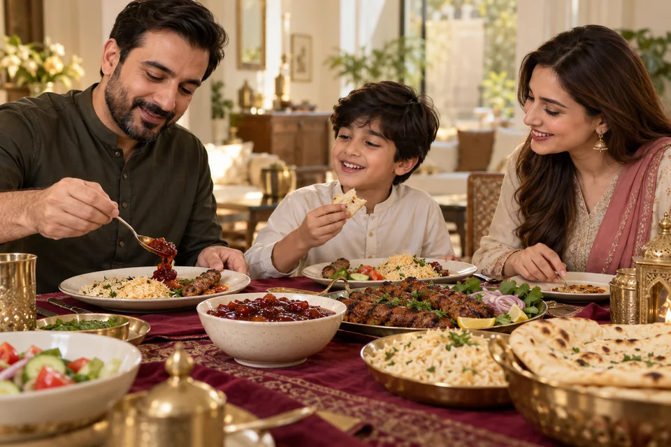 Illustrative family sharing lunch with naan, kebabs and plum chutney.
