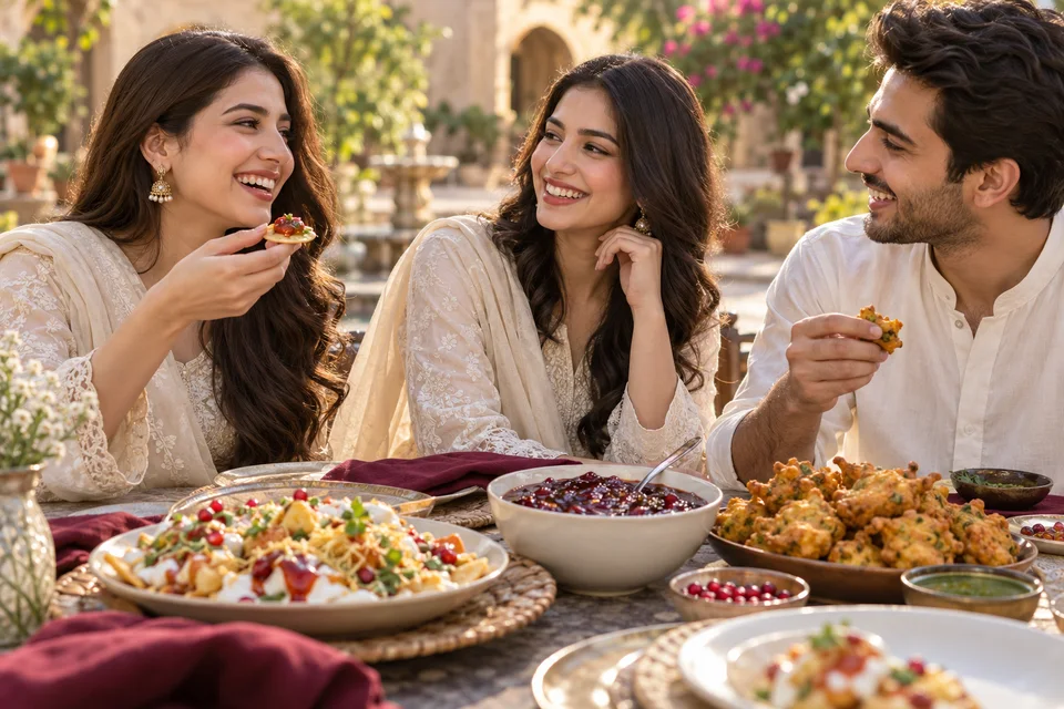 Illustrative friends enjoying chaat, pakoras and plum chutney together.