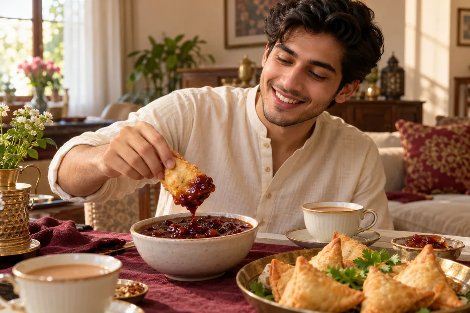 Illustrative scene of a young man enjoying a samosa with plum chutney.