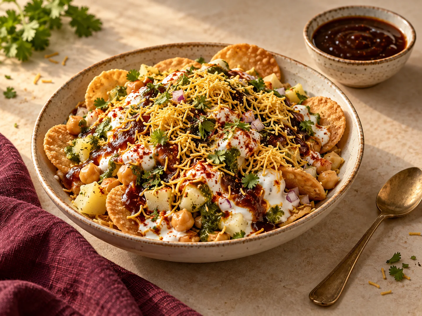 Pakistani chaat papri with chickpeas, chutneys, yogurt and sev.