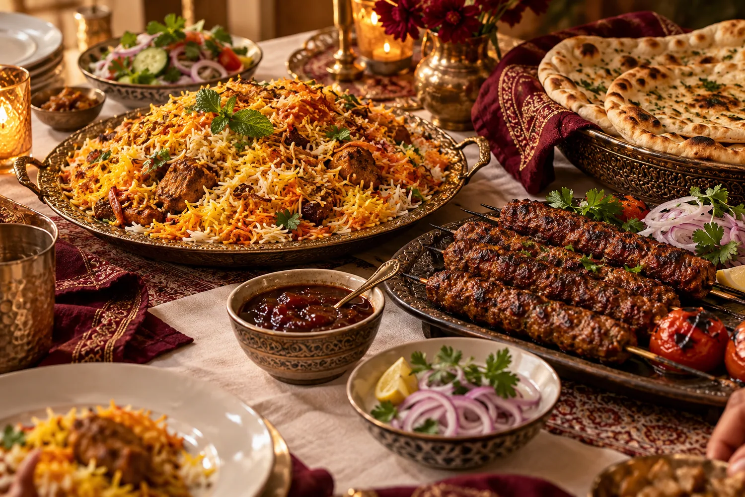 Grilled kebabs served with plum chutney at a Pakistani family table.