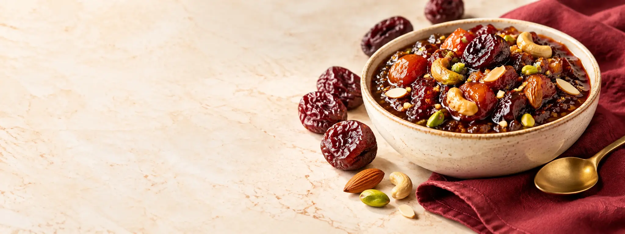 Editorial serving of rich dark-red plum chutney in an ivory bowl on warm stone, with dried plums and burgundy linen