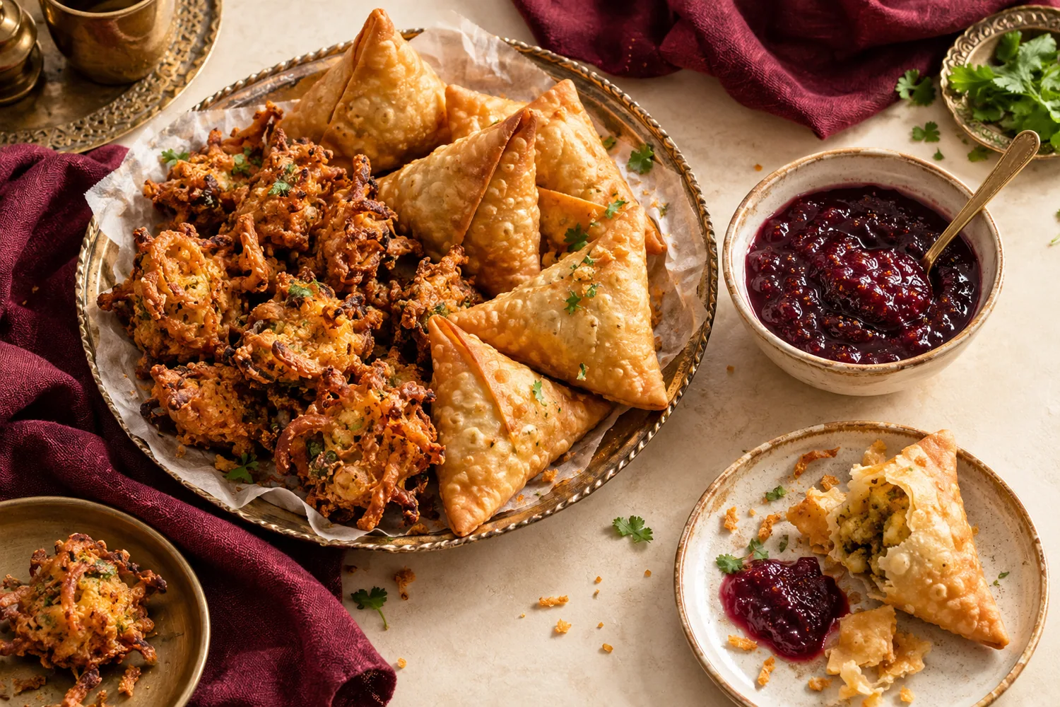 Golden samosas and pakoras served with plum chutney.