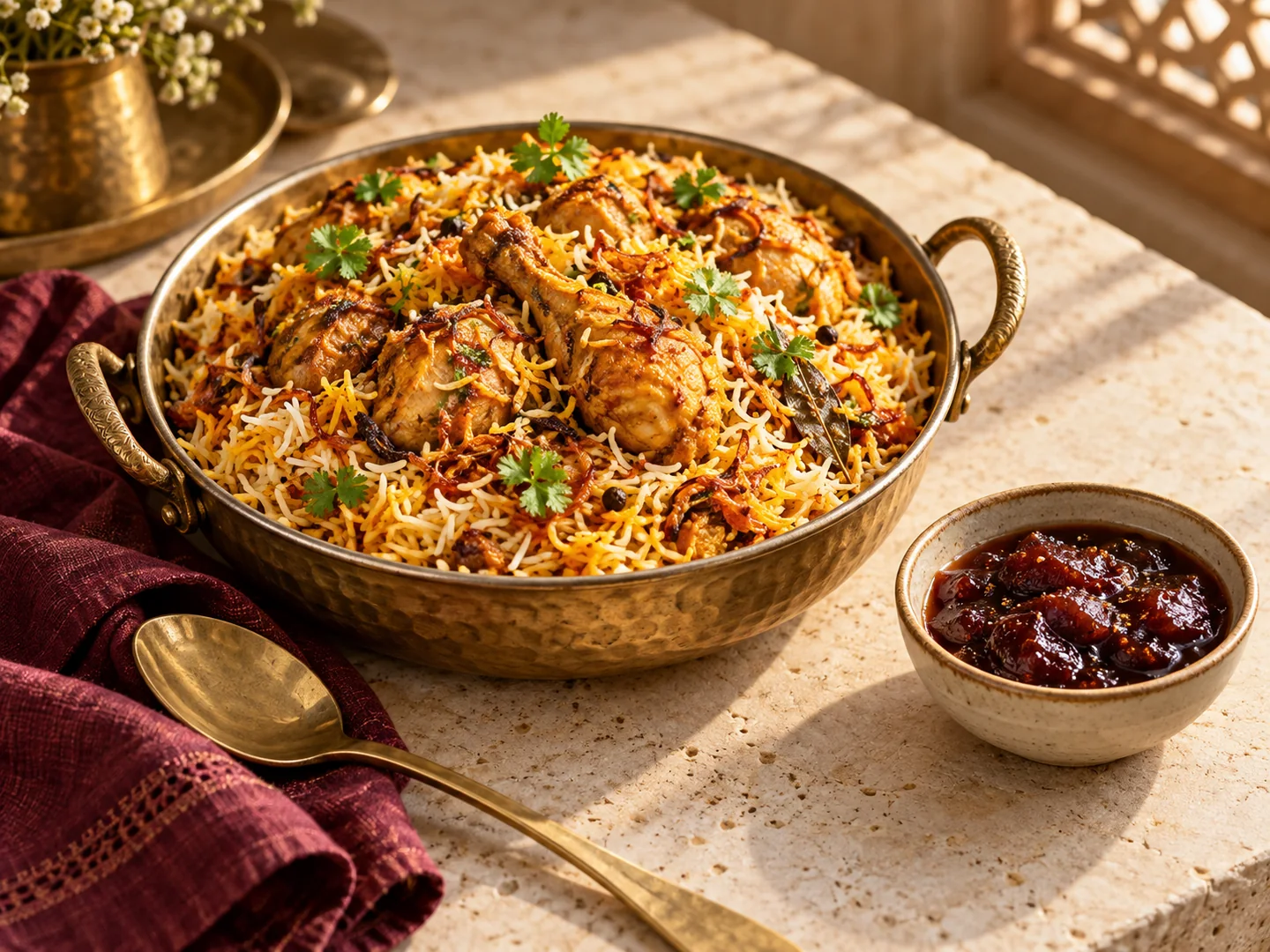 A biryani rice dish served with plum chutney.